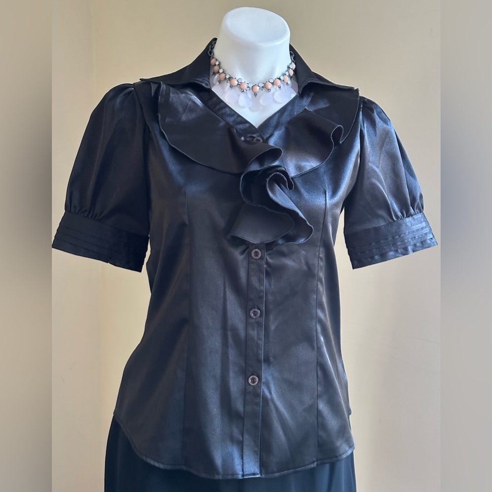 Color Style Black Satin short Striped Sleeves Metal Buttons V Neck Ruffles SZ XL